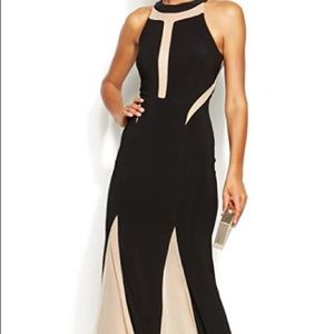 Xscape black with nude mesh cut out gown